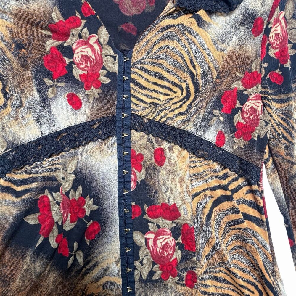 Y2K Midnight Velvet Animal Print Floral Blouse Roses Lace Trim - Picture 5 of 9